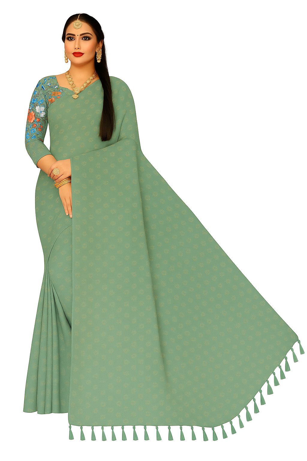 Women's Vandhe Bharath Chiffon Saree with Tassel Border | Soft Flowing Fabric with Unstitched Blouse Piece | Ethnic Wear for Festive & Casual Occasions