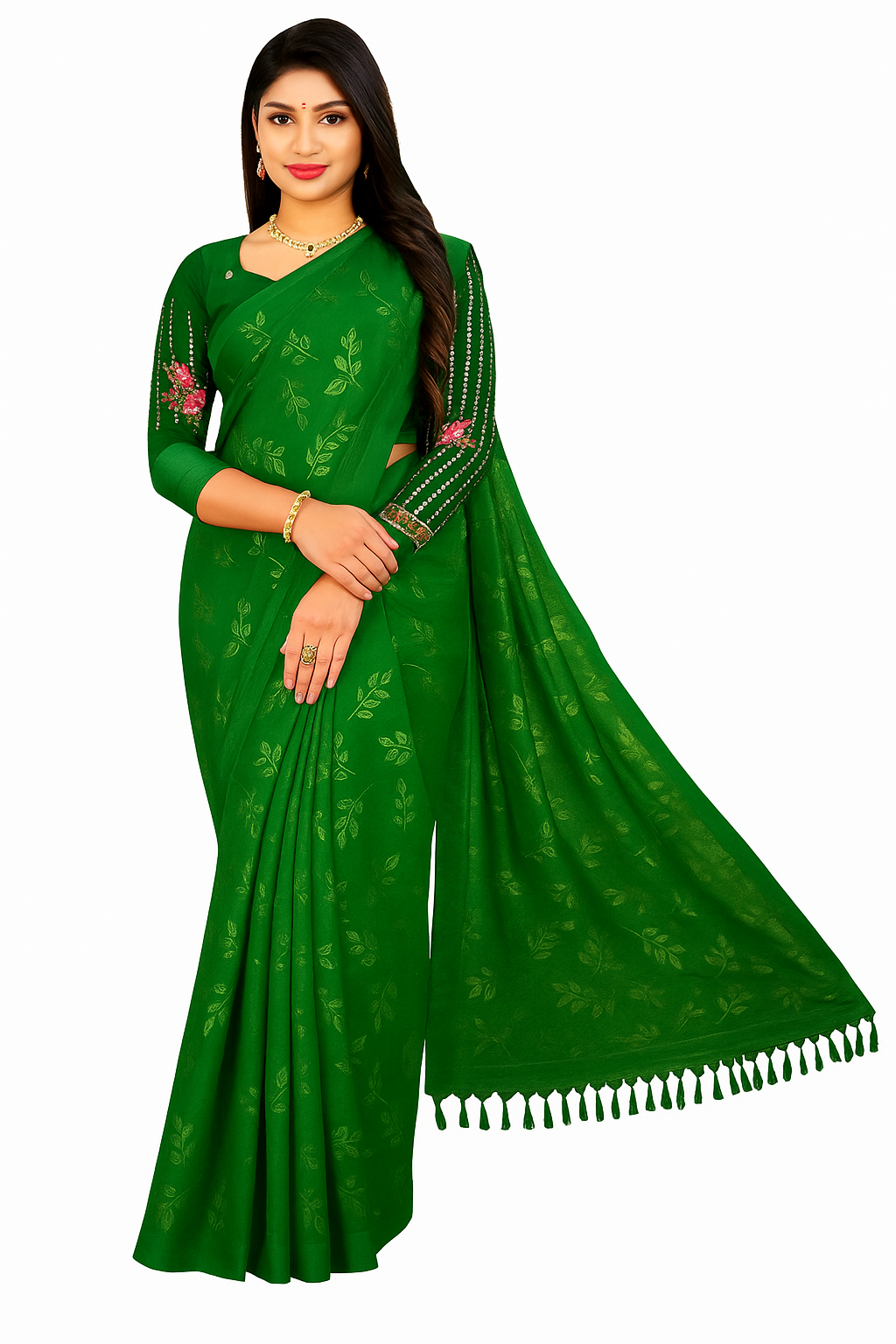 Women's Foil Print Saree with Golden Zari Leaf Design | Unstitched Blouse Piece | Ethnic Party & Special Occassion Saree | Lightweight with Glossy Finish & Easy to Drape