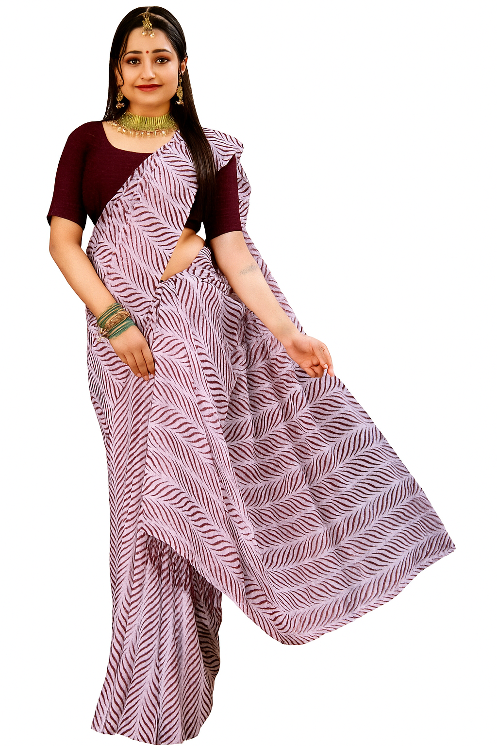 Women's Zigzag Pattern Georgette Saree | Indian Ethnic Festive Saree | Lightweight Party Saree with Black Unstitched Blouse Piece | Saree with Sparkle Detailing