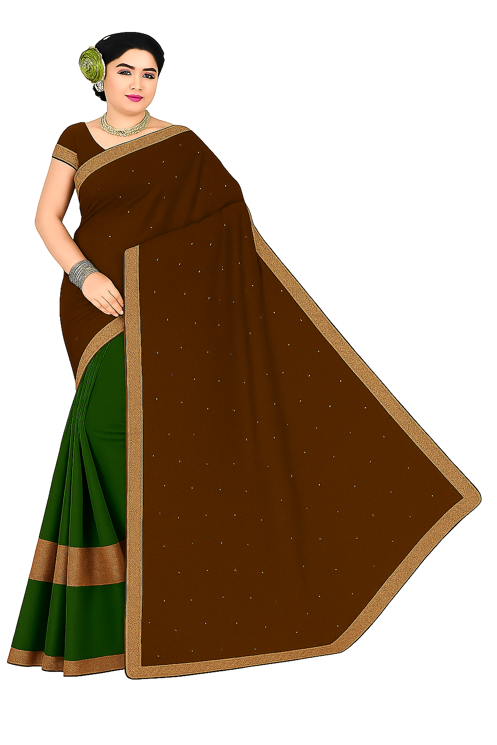 Traditional Saree with Contrast Border, Navy Blue and Coral Red, Sequin Details, Golden Zari Work