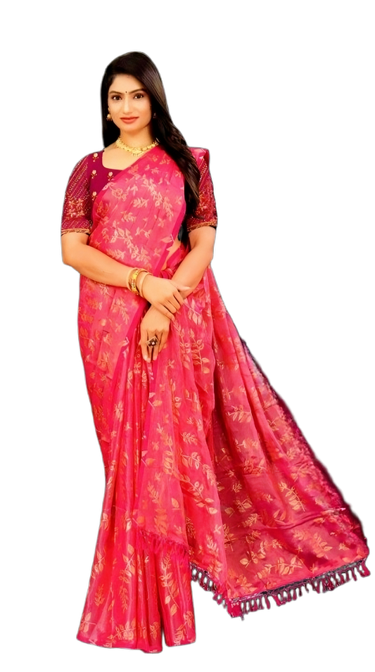 Women's Foil Print Saree with Golden Zari Leaf Design | Unstitched Blouse Piece | Ethnic Party & Special Occassion Saree | Lightweight with Glossy Finish & Easy to Drape