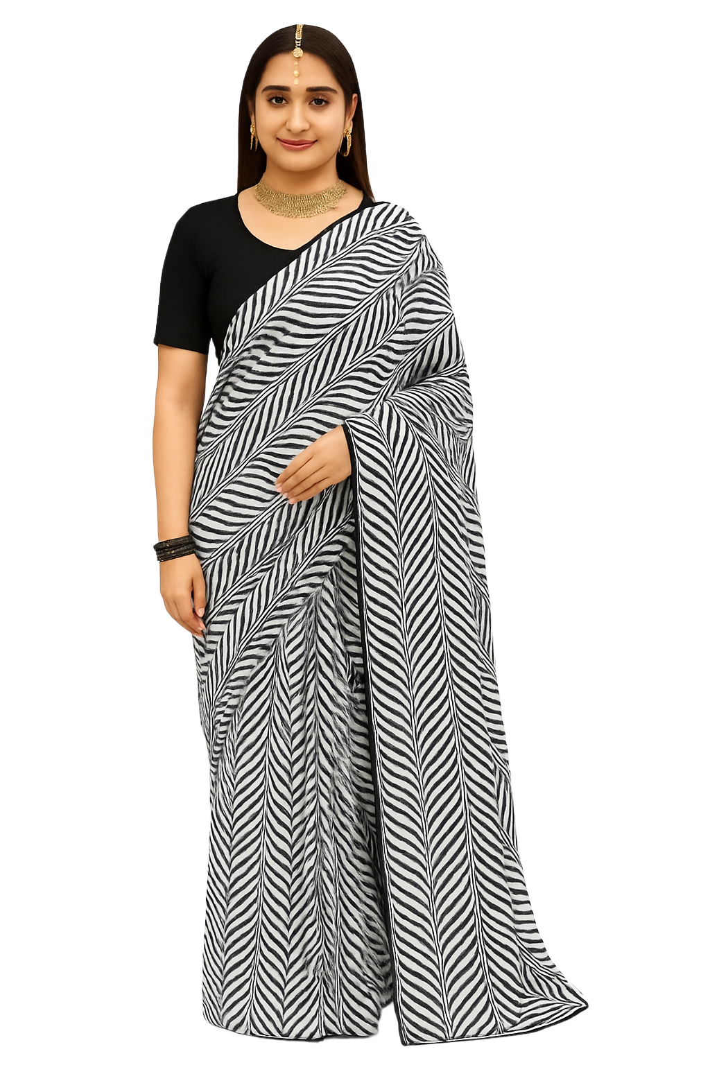 Women's Zigzag Pattern Georgette Saree | Indian Ethnic Festive Saree | Lightweight Party Saree with Black Unstitched Blouse Piece | Saree with Sparkle Detailing
