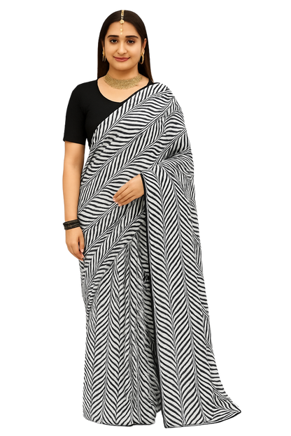 Women's Zigzag Pattern Georgette Saree | Indian Ethnic Festive Saree | Lightweight Party Saree with Black Unstitched Blouse Piece | Saree with Sparkle Detailing