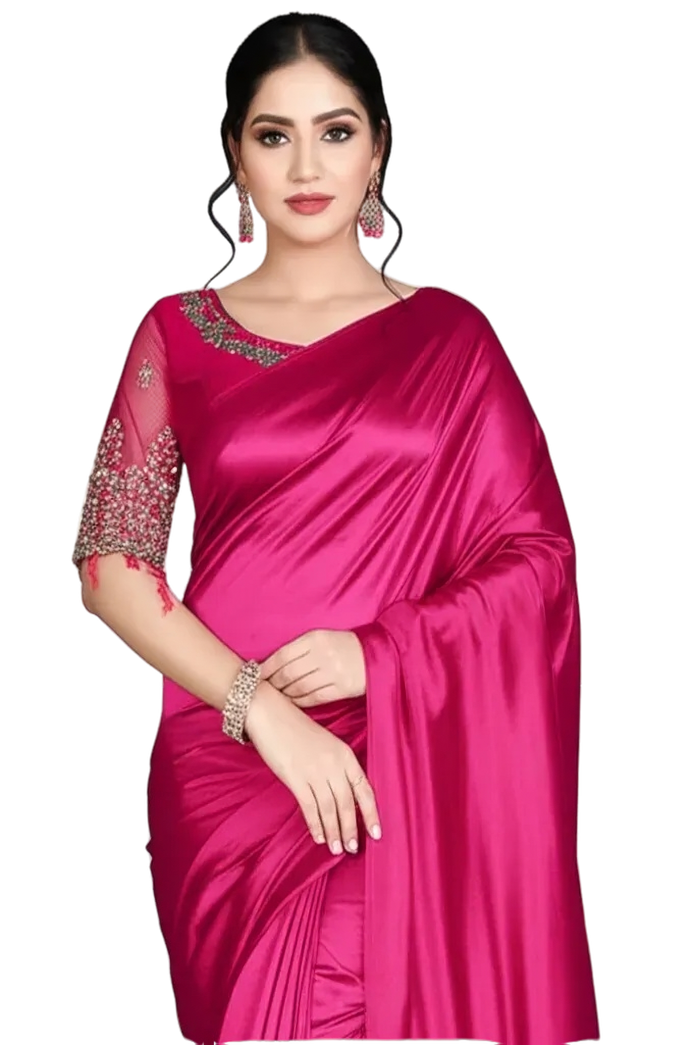 Women's Satin Silk Saree with Unstitched Embroidered Net Blouse Piece | Soft & Shiny Fabric | Ethnic Party & Festive Saree for Wedding & Special Occasions