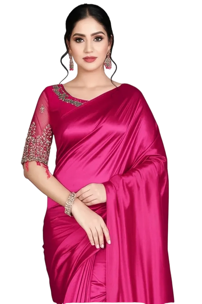 Women's Satin Silk Saree with Unstitched Embroidered Net Blouse Piece | Soft & Shiny Fabric | Ethnic Party & Festive Saree for Wedding & Special Occasions