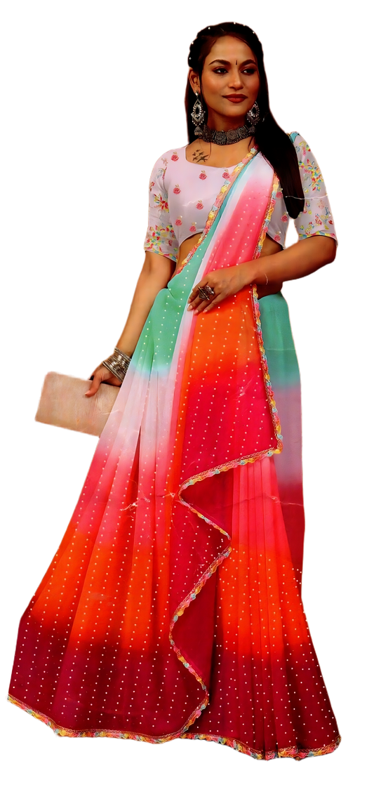 Women's Georgette Saree with Subtle Embroidery | Unstitched White Embroidered Blouse Piece | Indian Ethnic Wear Saree for Parties, Weddings & Festive Occasions