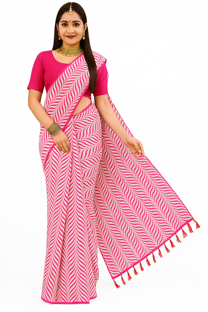 Women's Zigzag Pattern Georgette Saree | Indian Ethnic Festive Saree | Lightweight Party Saree with Black Unstitched Blouse Piece | Saree with Sparkle Detailing
