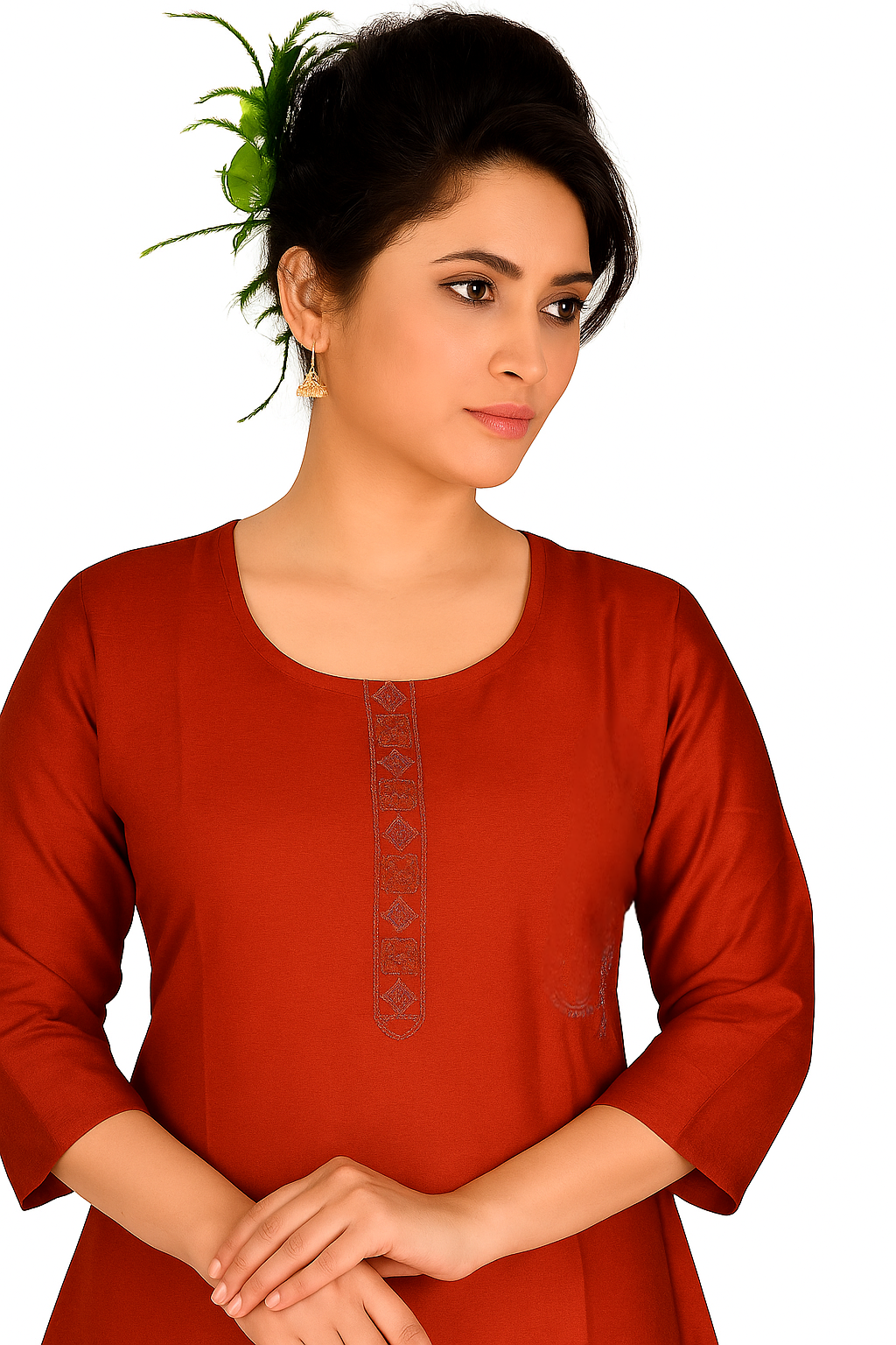 Cotton Kurti for Women | Embellished Pattern Tunic Top with 3/4 Sleeves & Round Neck | Stylish and Comfortable Wear for Office, Daily Use & Festive Occasions (Kurti Only - XL)