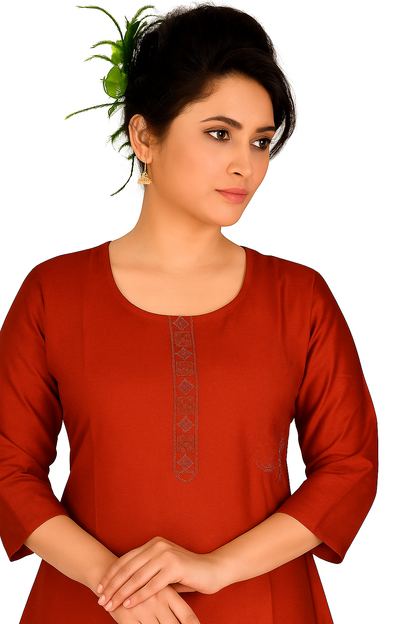 Cotton Kurti for Women | Embellished Pattern Tunic Top with 3/4 Sleeves & Round Neck | Stylish and Comfortable Wear for Office, Daily Use & Festive Occasions (Kurti Only - XL)