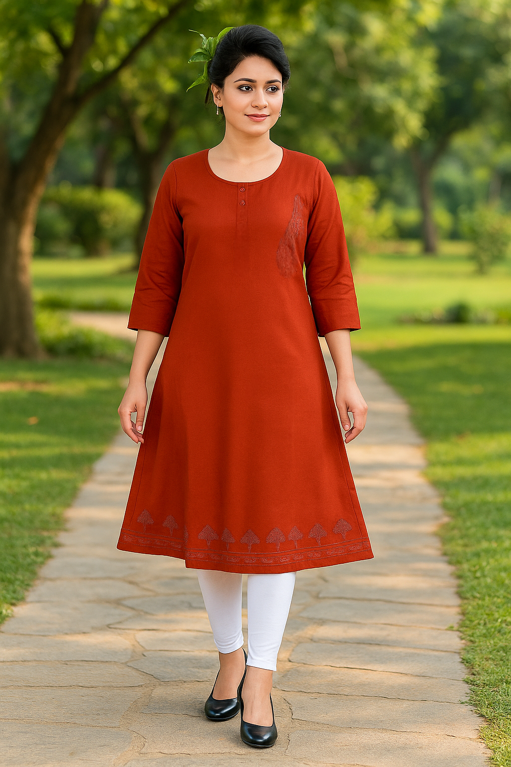 Cotton Kurti for Women | Embellished Pattern Tunic Top with 3/4 Sleeves & Round Neck | Stylish and Comfortable Wear for Office, Daily Use & Festive Occasions (Kurti Only - XL)