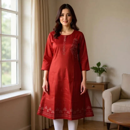 Cotton Kurti for Women | Embellished Pattern Tunic Top with 3/4 Sleeves & Round Neck | Stylish and Comfortable Wear for Office, Daily Use & Festive Occasions (Kurti Only - XL)