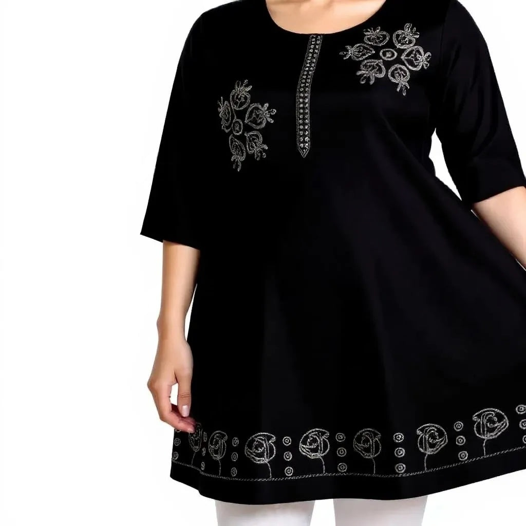 Cotton Kurti for Women | Embellished Pattern Tunic Top with 3/4 Sleeves & Round Neck | Stylish and Comfortable Wear for Office, Daily Use & Festive Occasions (Kurti Only - XL)
