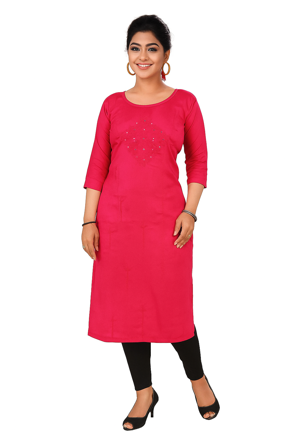 Cotton Kurti for Women | Embellished Pattern Tunic Top with 3/4 Sleeves & Round Neck | Stylish and Comfortable Wear for Office, Daily Use & Festive Occasions (Kurti Only - XL)