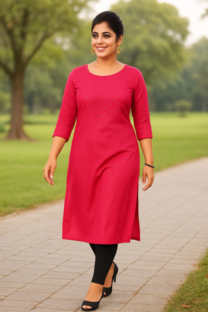 Cotton Kurti for Women | Embellished Pattern Tunic Top with 3/4 Sleeves & Round Neck | Stylish and Comfortable Wear for Office, Daily Use & Festive Occasions (Kurti Only - XL)