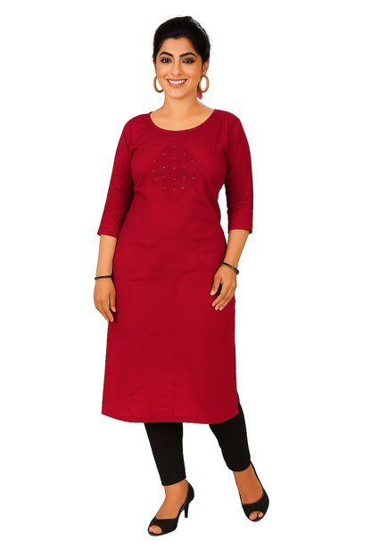 Cotton Kurti for Women | Embellished Pattern Tunic Top with 3/4 Sleeves & Round Neck | Stylish and Comfortable Wear for Office, Daily Use & Festive Occasions (Kurti Only - XL)
