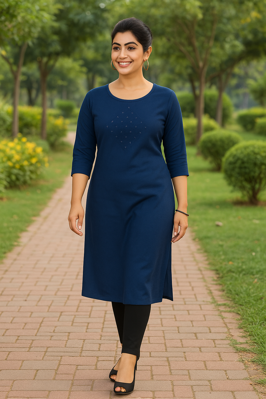 Cotton Kurti for Women | Embellished Pattern Tunic Top with 3/4 Sleeves & Round Neck | Stylish and Comfortable Wear for Office, Daily Use & Festive Occasions (Kurti Only - XL)