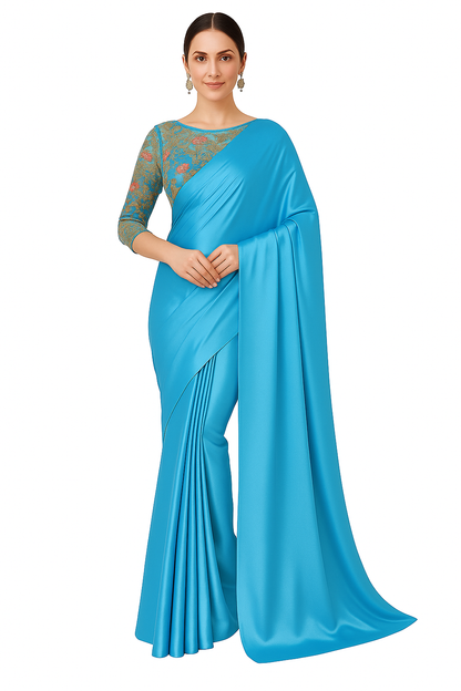 Women's Satin Silk Saree with Unstitched Embroidered Net Blouse Piece | Soft & Shiny Fabric | Ethnic Party & Festive Saree for Wedding & Special Occasions