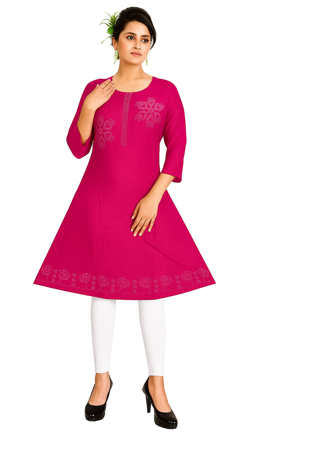 Cotton Kurti for Women | Embellished Pattern Tunic Top with 3/4 Sleeves & Round Neck | Stylish and Comfortable Wear for Office, Daily Use & Festive Occasions (Kurti Only - XL)