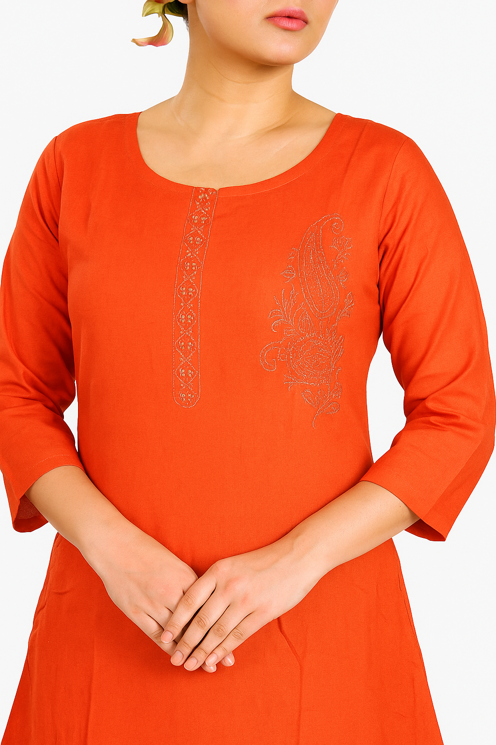 Cotton Kurti for Women | Embellished Pattern Tunic Top with 3/4 Sleeves & Round Neck | Stylish and Comfortable Wear for Office, Daily Use & Festive Occasions (Kurti Only - XL)