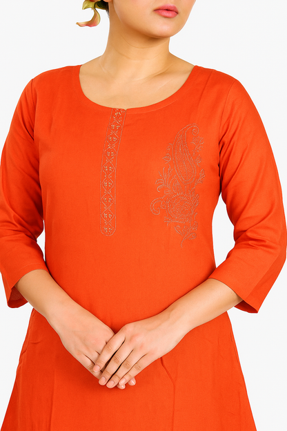 Cotton Kurti for Women | Embellished Pattern Tunic Top with 3/4 Sleeves & Round Neck | Stylish and Comfortable Wear for Office, Daily Use & Festive Occasions (Kurti Only - XL)