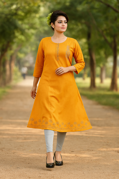 Cotton Kurti for Women | Embellished Pattern Tunic Top with 3/4 Sleeves & Round Neck | Stylish and Comfortable Wear for Office, Daily Use & Festive Occasions (Kurti Only - XL)