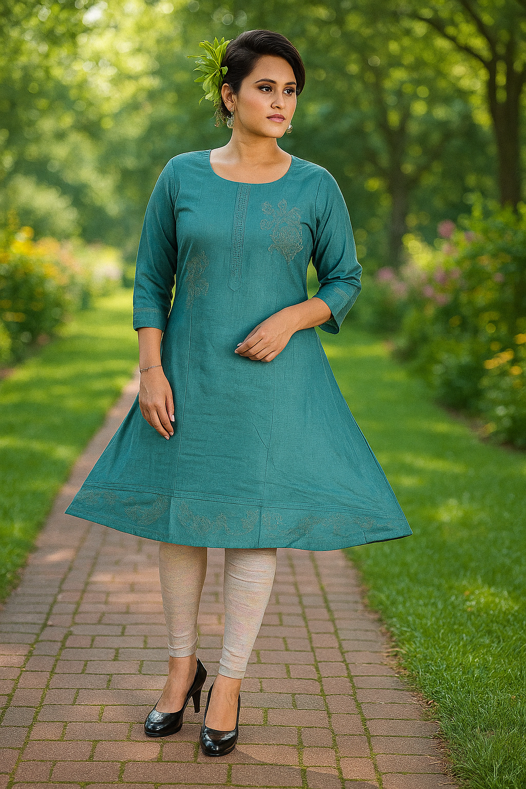 Cotton Kurti for Women | Embellished Pattern Tunic Top with 3/4 Sleeves & Round Neck | Stylish and Comfortable Wear for Office, Daily Use & Festive Occasions (Kurti Only - XL)
