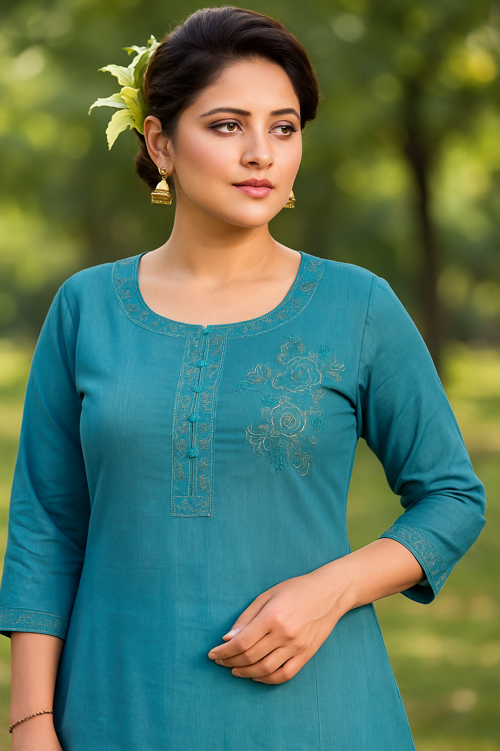 Cotton Kurti for Women | Embellished Pattern Tunic Top with 3/4 Sleeves & Round Neck | Stylish and Comfortable Wear for Office, Daily Use & Festive Occasions (Kurti Only - XL)
