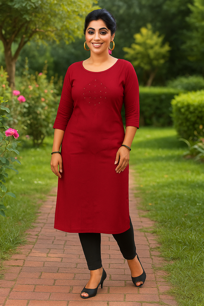 Cotton Kurti for Women | Embellished Pattern Tunic Top with 3/4 Sleeves & Round Neck | Stylish and Comfortable Wear for Office, Daily Use & Festive Occasions (Kurti Only - XL)