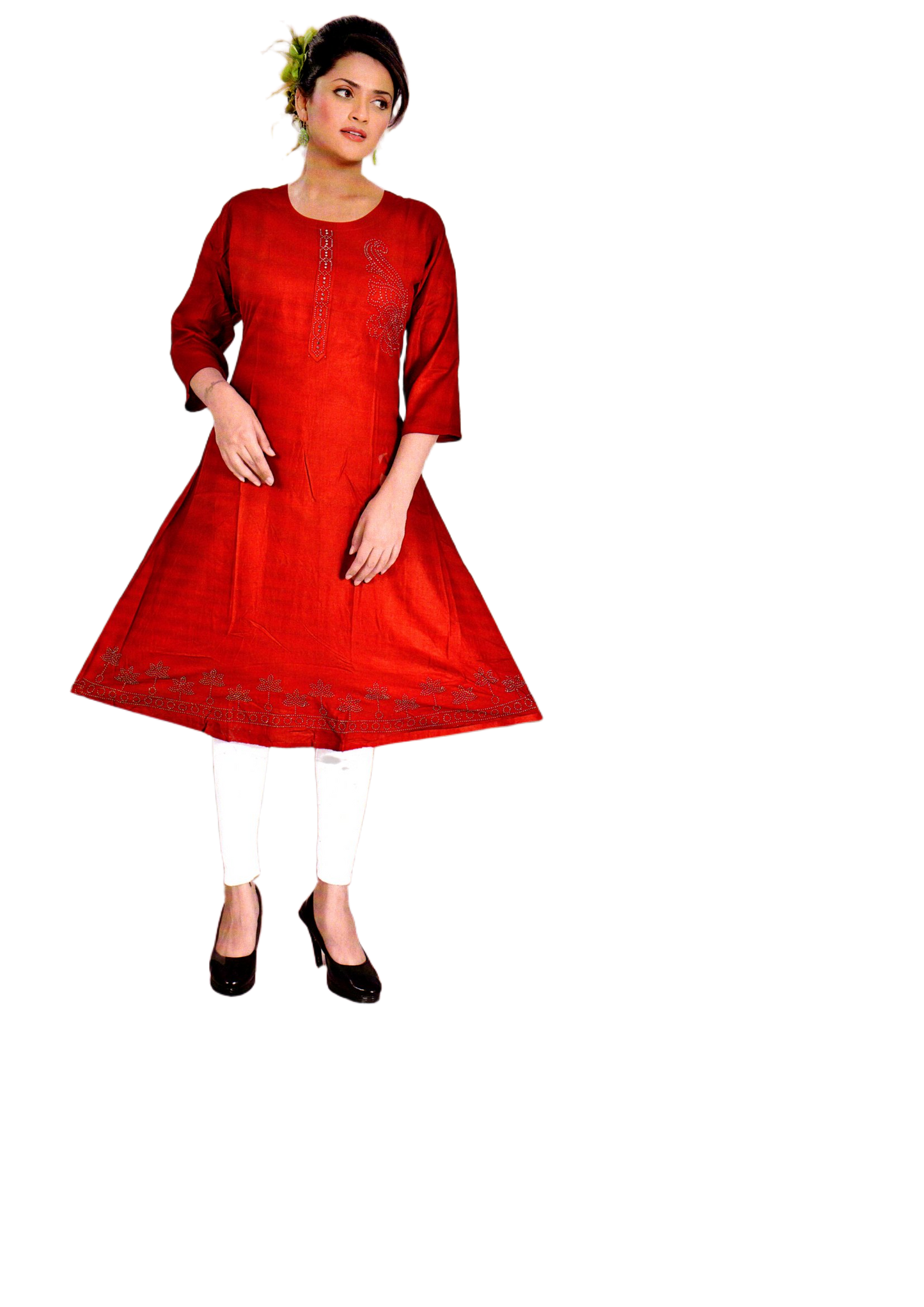 Cotton Kurti for Women | Embellished Pattern Tunic Top with 3/4 Sleeves & Round Neck | Stylish and Comfortable Wear for Office, Daily Use & Festive Occasions (Kurti Only - XL)
