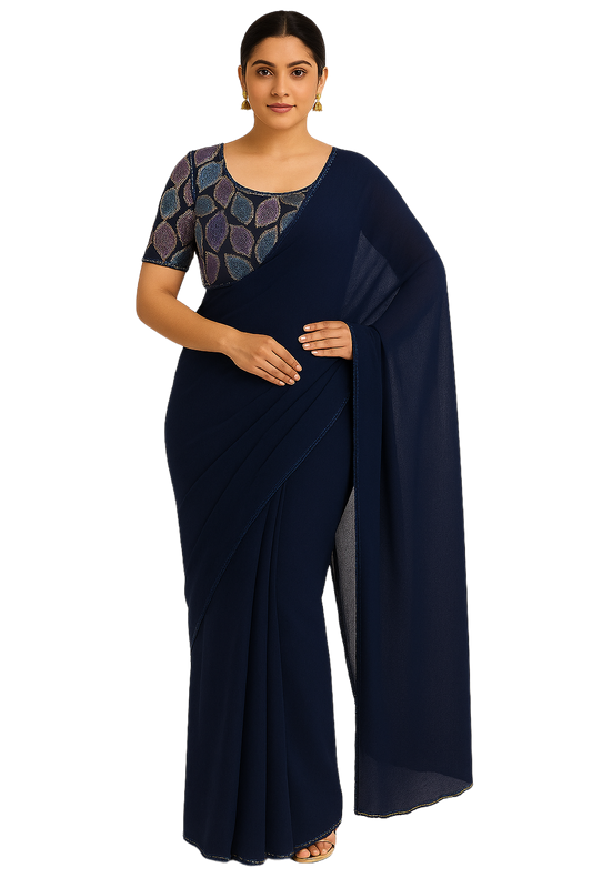 Georgette Saree for Women | Black Party & Festive Saree with Multicolor Embroidery Border | Geometric Blouse Piece Included | Elegant & Lightweight Fabric | Ideal for Special Occasions