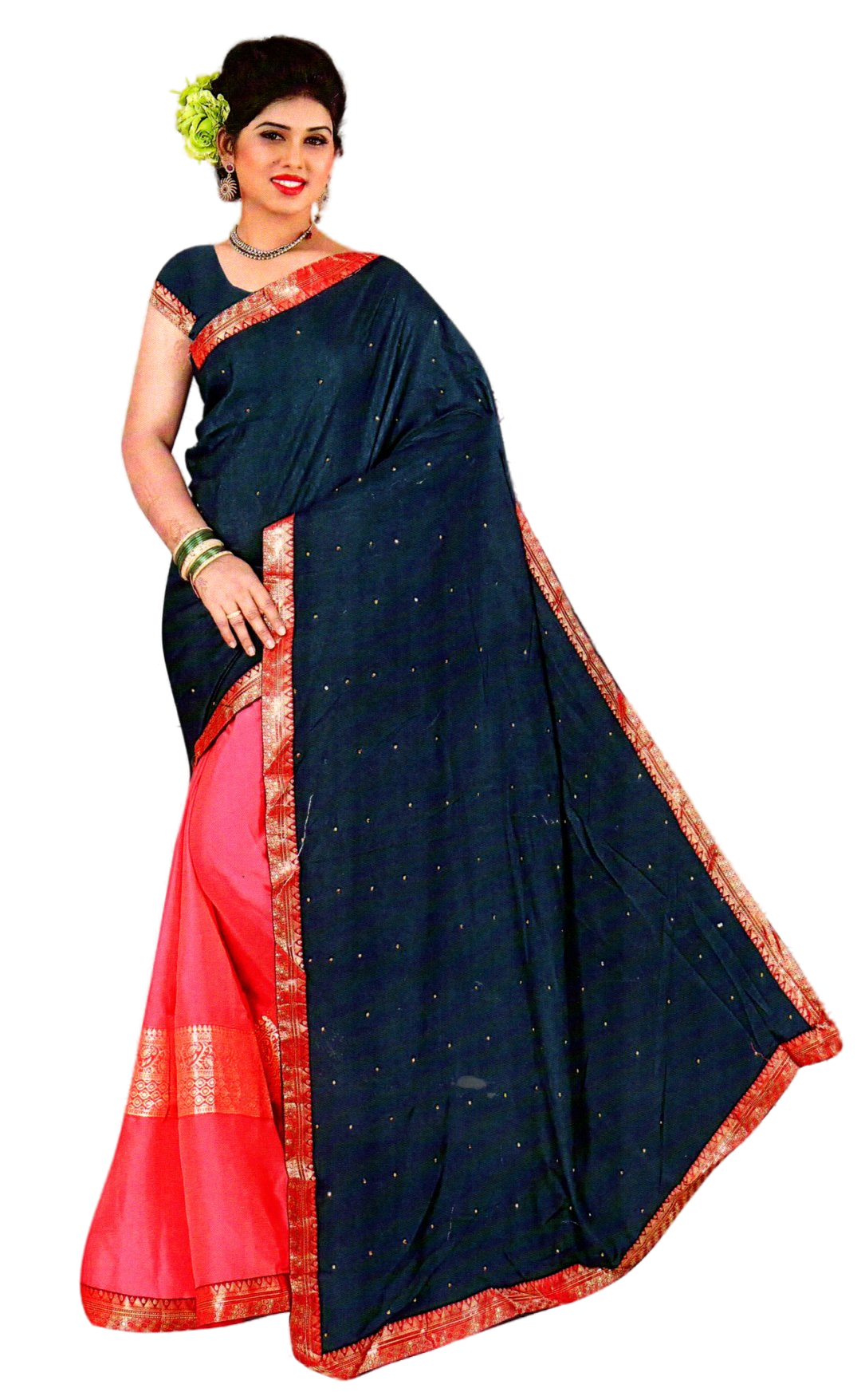 Traditional Saree with Contrast Border, Navy Blue and Coral Red, Sequin Details, Golden Zari Work