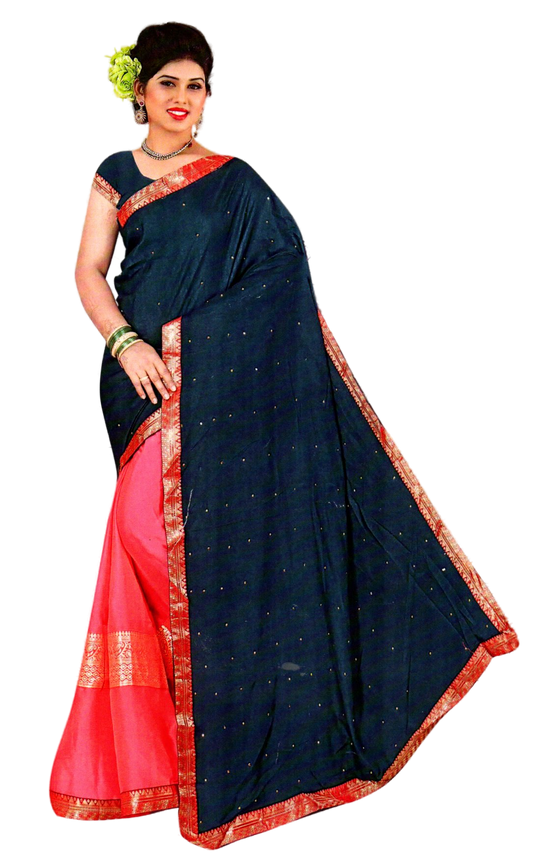 Traditional Saree with Contrast Border, Navy Blue and Coral Red, Sequin Details, Golden Zari Work