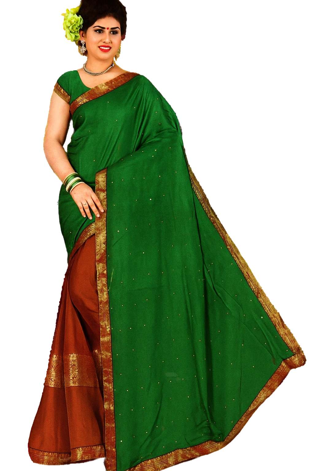 Traditional Saree with Contrast Border, Navy Blue and Coral Red, Sequin Details, Golden Zari Work