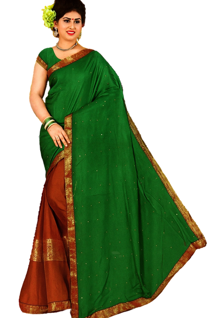 Traditional Saree with Contrast Border, Navy Blue and Coral Red, Sequin Details, Golden Zari Work