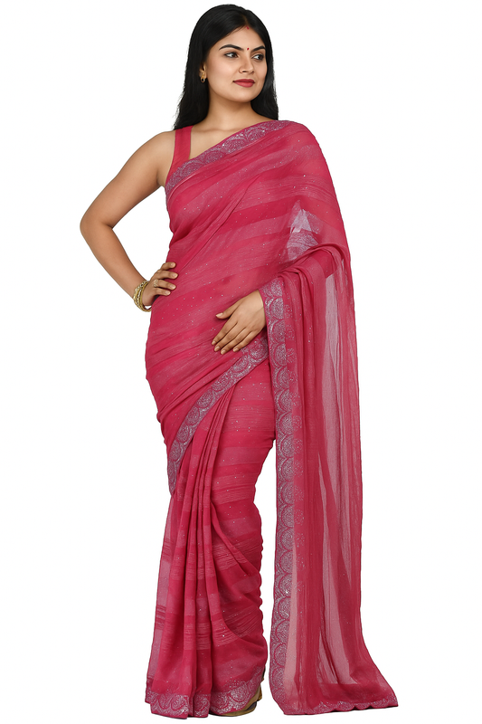 Shimmer Silk Saree for Women | Pink Double Tone Saree with Intricate Border | Silk Saree for Special Occasions | Ideal for Weddings, Festivals and Traditional Occasions
