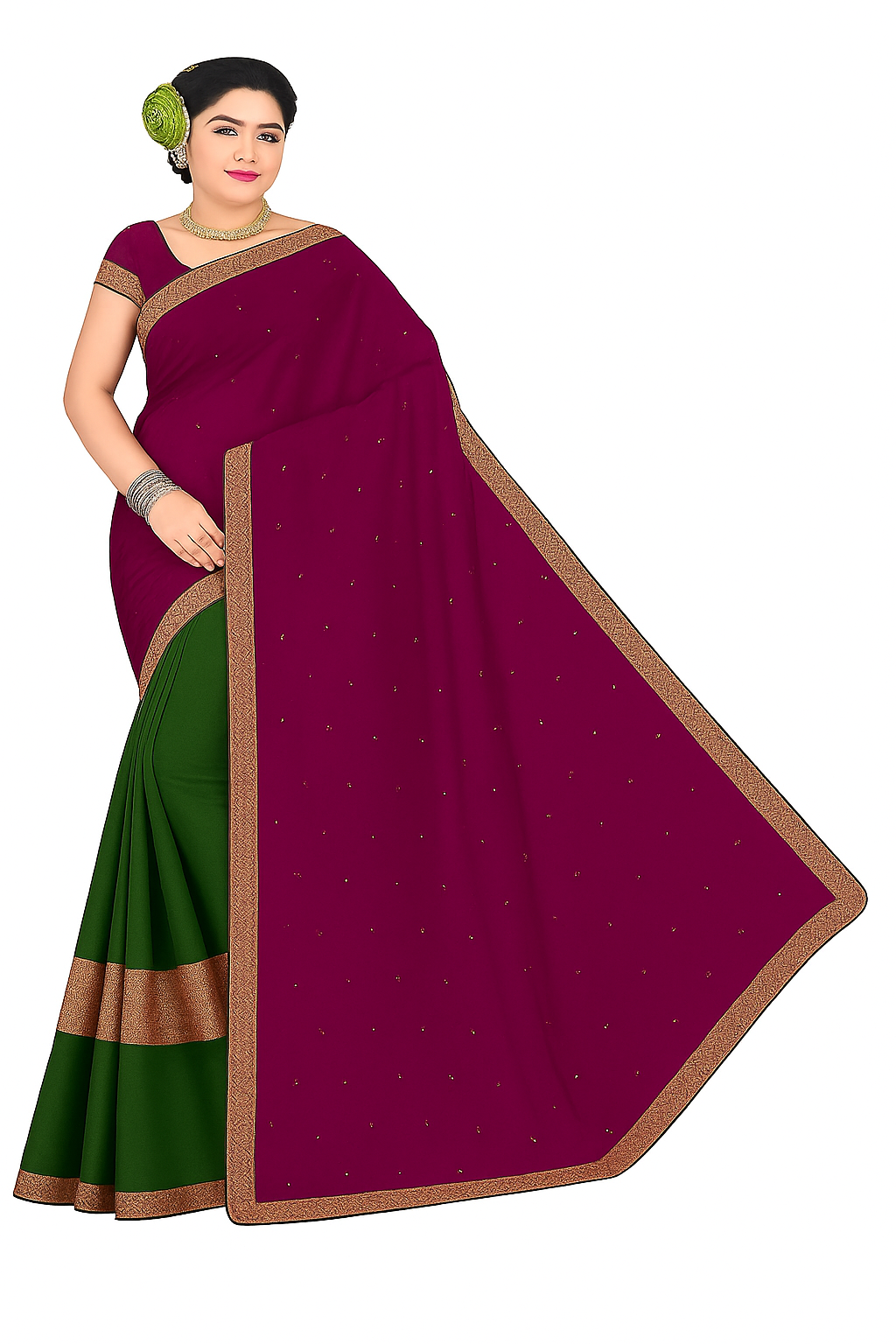Traditional Saree with Contrast Border, Navy Blue and Coral Red, Sequin Details, Golden Zari Work