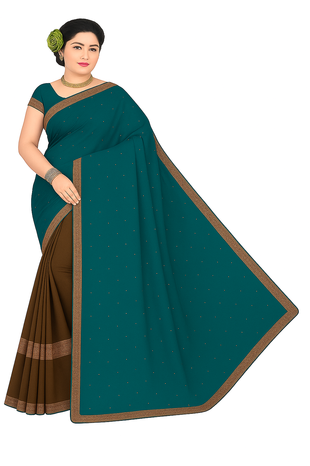 Traditional Saree with Contrast Border, Navy Blue and Coral Red, Sequin Details, Golden Zari Work