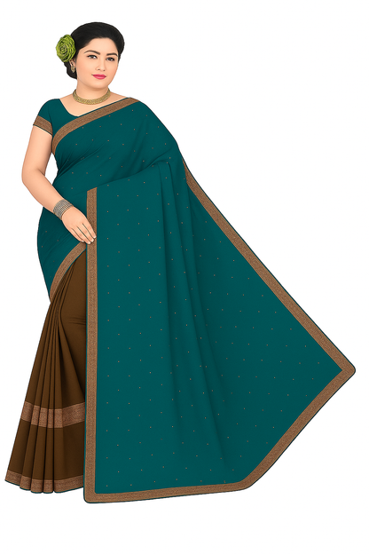 Traditional Saree with Contrast Border, Navy Blue and Coral Red, Sequin Details, Golden Zari Work