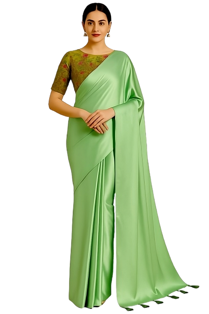 Women's Satin Silk Saree with Unstitched Embroidered Net Blouse Piece | Soft & Shiny Fabric | Ethnic Party & Festive Saree for Wedding & Special Occasions